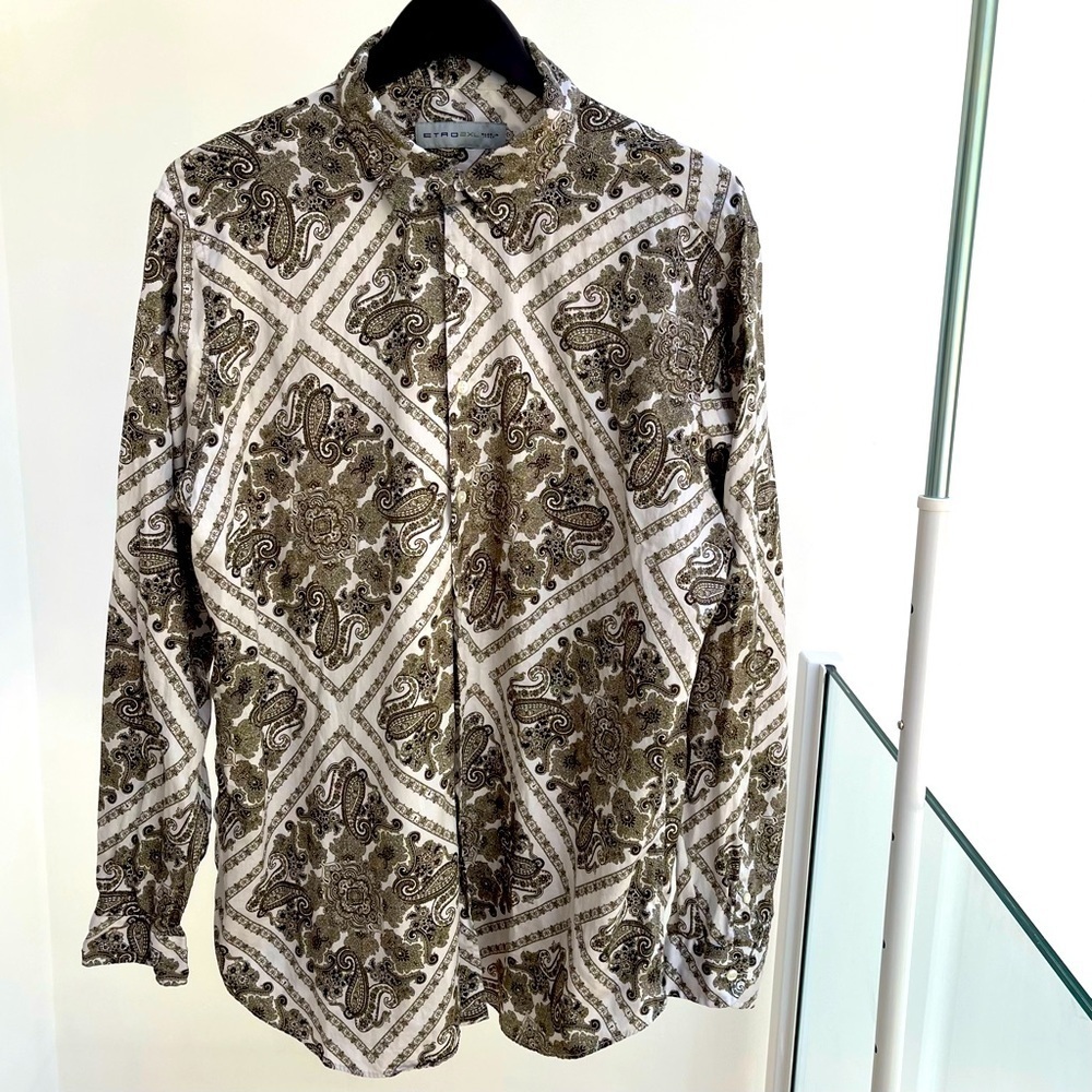 ETRO Men’s Cotton button down shirt white brown paisley XXL